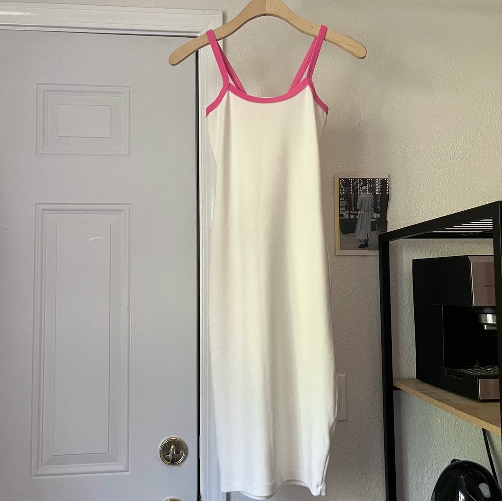 FRANKIES BIKINIS white towel knit terry piping contrast sleeveless midi dress
